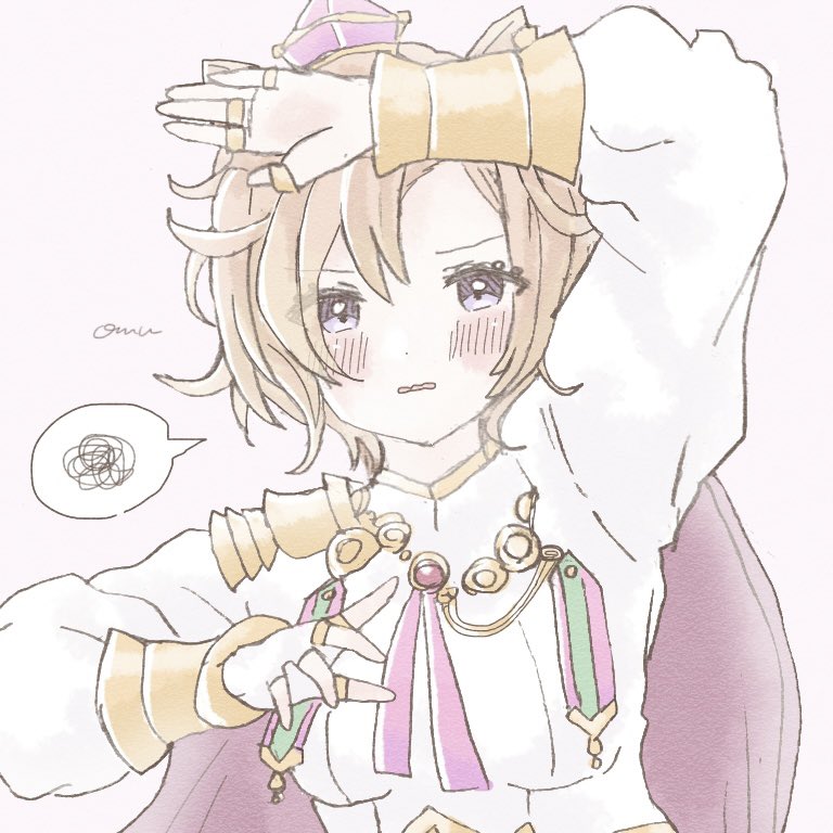 1girl, arm_up, blush_stickers, breasts, brown_hair, cape, commentary_request, crown