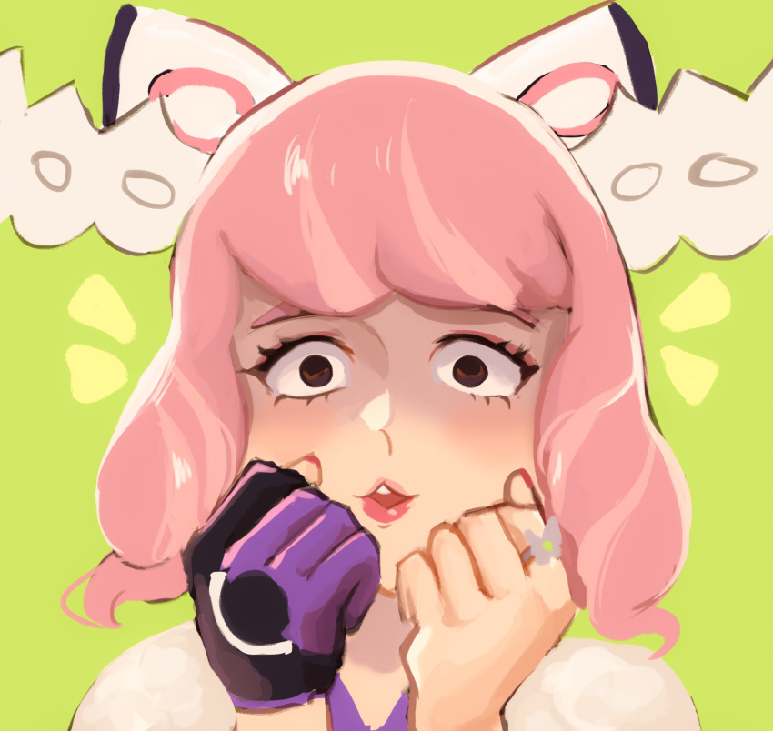 1girl, bow, drill_hair, eyeshadow, flipped_hair, fur_jacket, gloves, green_background