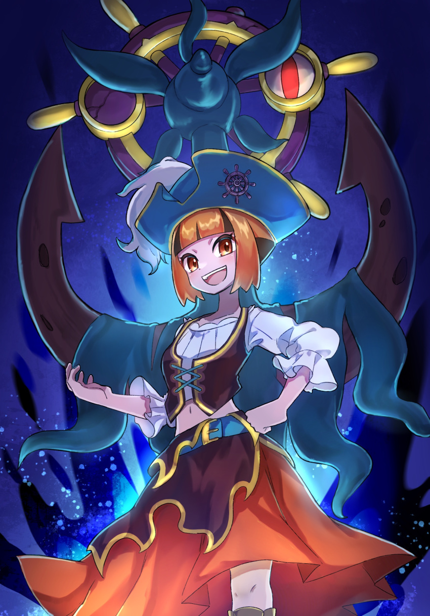 1girl, anchor, belt, black_hair, brown_eyes, brown_hair, brown_skirt, crack, cross-laced_clothes, cross-laced_top, dhelmise, dress, gardenia_(pokemon), gardenia_(summer_2024)_(pokemon), green_belt, green_hat, hand_on_own_hip, hand_up, hat, highres, long_skirt, long_sleeves, looking_at_viewer, midriff, multicolored_hair, navel, official_alternate_costume, one-eyed, open_mouth, orange_eyes, orange_hair, orange_skirt, pirate, pirate_costume, pirate_hat, pokemon, pokemon_(creature), pokemon_dppt, pokemon_masters_ex, puffy_long_sleeves, puffy_sleeves, red_eyes, rust, sailor, ship's_wheel, ship's_wheel_ornament, shirt, short_hair, sidelocks, skirt, smile, two-tone_hair, water, white_shirt, yubo_(yubo_san)