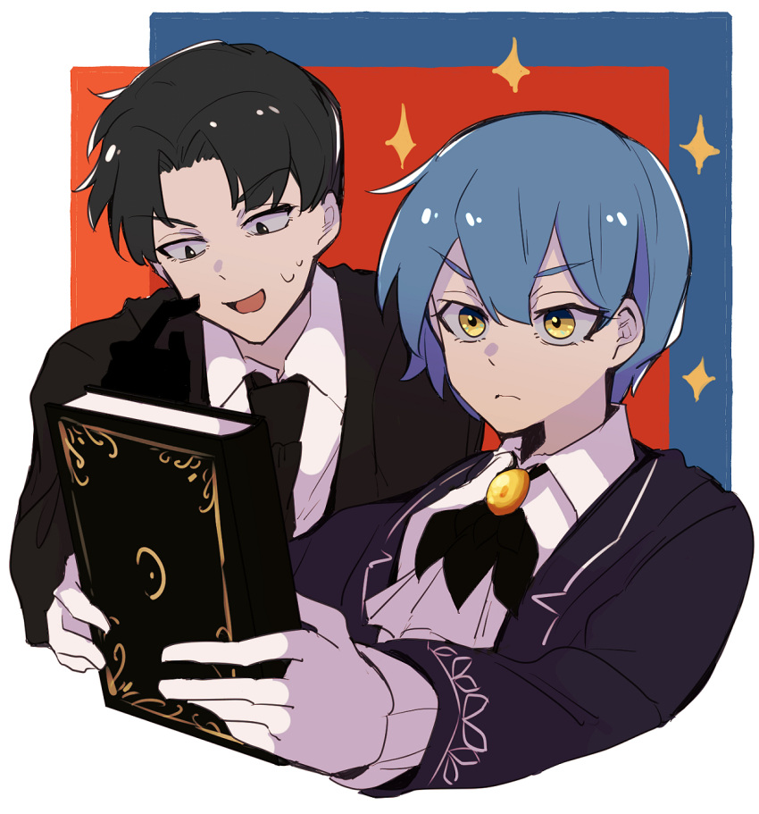 1boy, 1girl, angela_(project_moon), ascot, black_eyes, black_gloves, black_hair, black_jacket