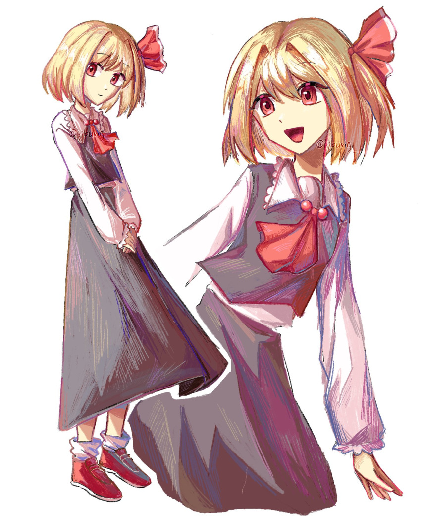 1girl, :d, ascot, black_vest, blonde_hair, bow, closed_mouth, cropped_legs