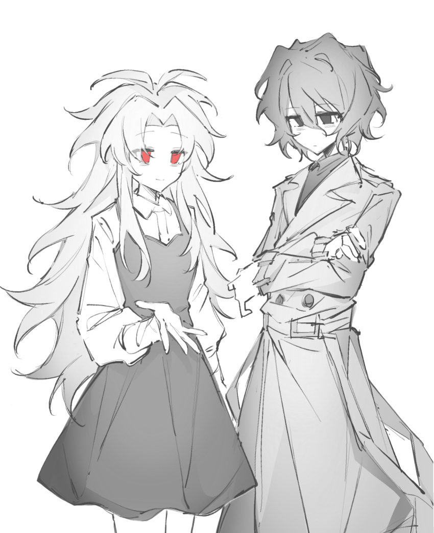 2boys, closed_mouth, coat, collared_shirt, crossdressing, crossed_arms, dress, greyscale