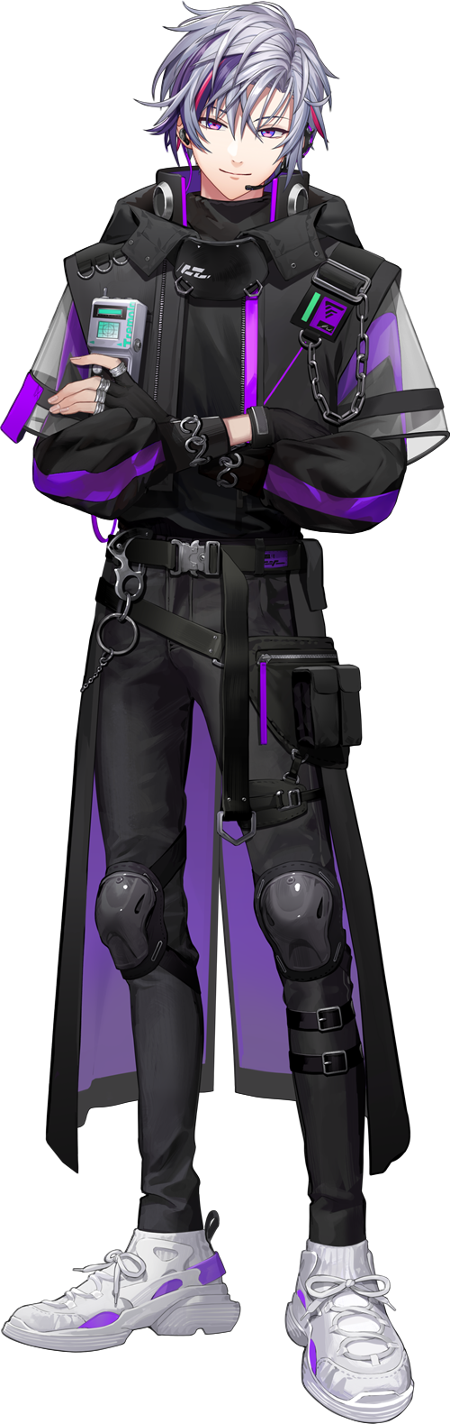 1boy, belt, belt_pouch, black_belt, black_gloves, black_jacket, black_pants, black_shirt, cropped_jacket, crossed_arms, fingerless_gloves, full_body, fuwa_minato, fuwa_minato_(4th_costume), gloves, grey_hair, headset, highres, jacket, knee_pads, long_sleeves, looking_at_viewer, male_focus, multicolored_hair, nijisanji, official_alternate_costume, official_art, pants, pink_hair, pouch, purple_hair, see-through, see-through_sleeves, shirt, shoes, smile, sneakers, solo, streaked_hair, tachi-e, tomatsukaze, transparent_background, violet_eyes, virtual_youtuber, white_footwear