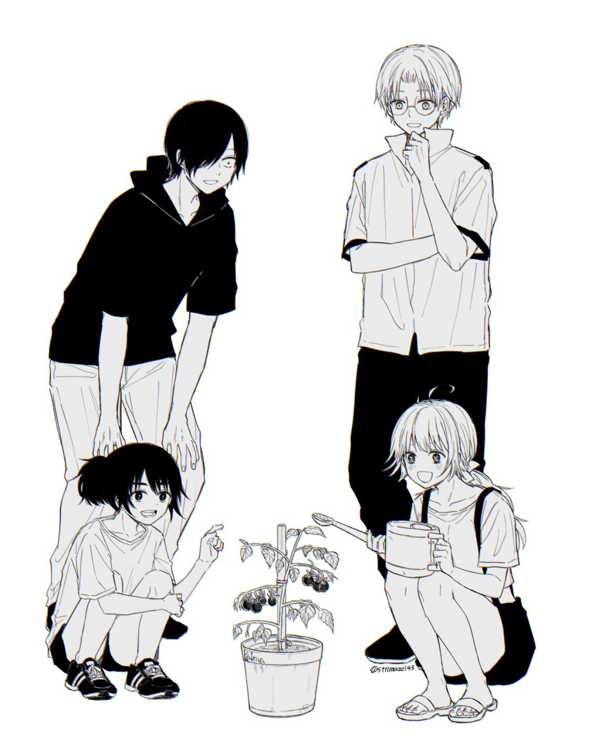 2boys, 2girls, black_hair, black_hoodie, blonde_hair, choujin_x, glasses, hair_over_one_eye, higashi_azuma_(choujin_x), high_collar, highres, holding, holding_watering_can, hood, hoodie, kurohara_tokio_(choujin_x), monochrome, multiple_boys, multiple_girls, otta_ely_(choujin_x), plant, potted_plant, rokuen_skd, sandals, shishinegura_palma, shoes, sneakers, squatting, symbol-shaped_pupils, tomato, tomato_plant, watering_can