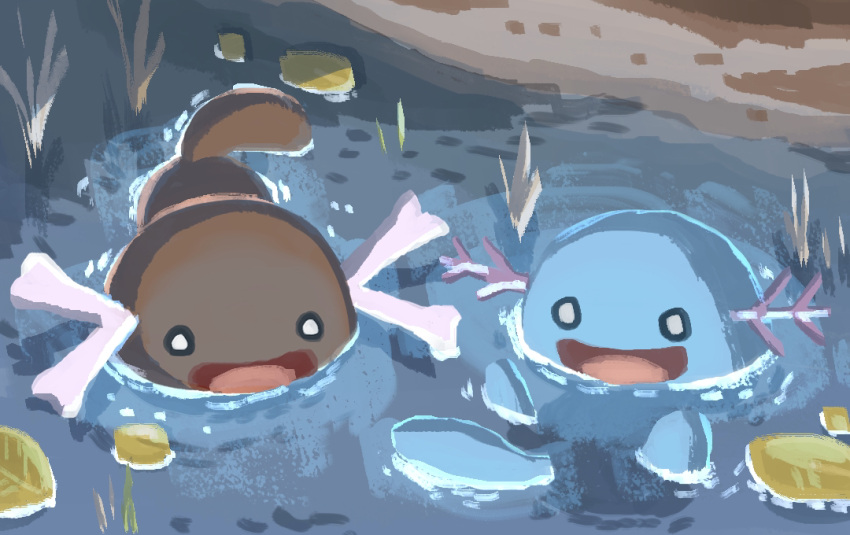 :d, alternate_form, blue_skin, colored_skin, dark_skin, goritank, mud, no_humans, open_mouth, outdoors, paldean_wooper, partially_submerged, pokemon, pokemon_(creature), pokemon_focus, pokemon_sv, reeds, sitting, smile, solid_circle_eyes, tail, water, wooper