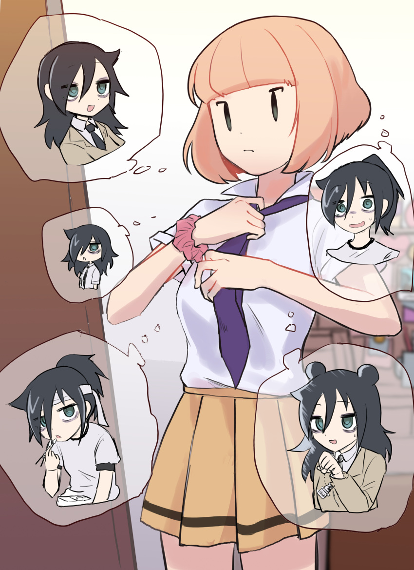2girls, absurdres, adjusting_clothes, adjusting_necktie, animal_ears, bags_under_eyes, black_eyes, black_hair