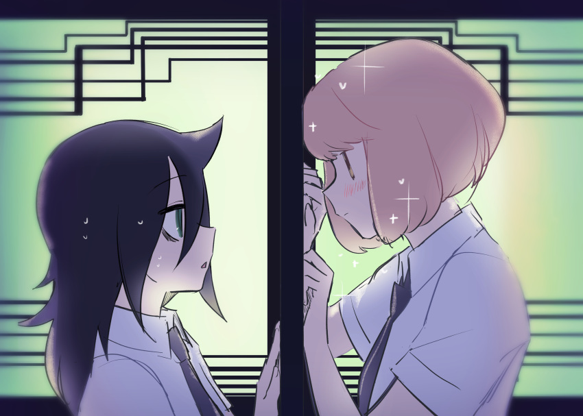 2girls, absurdres, bags_under_eyes, black_hair, black_necktie, blonde_hair, blurry, blush