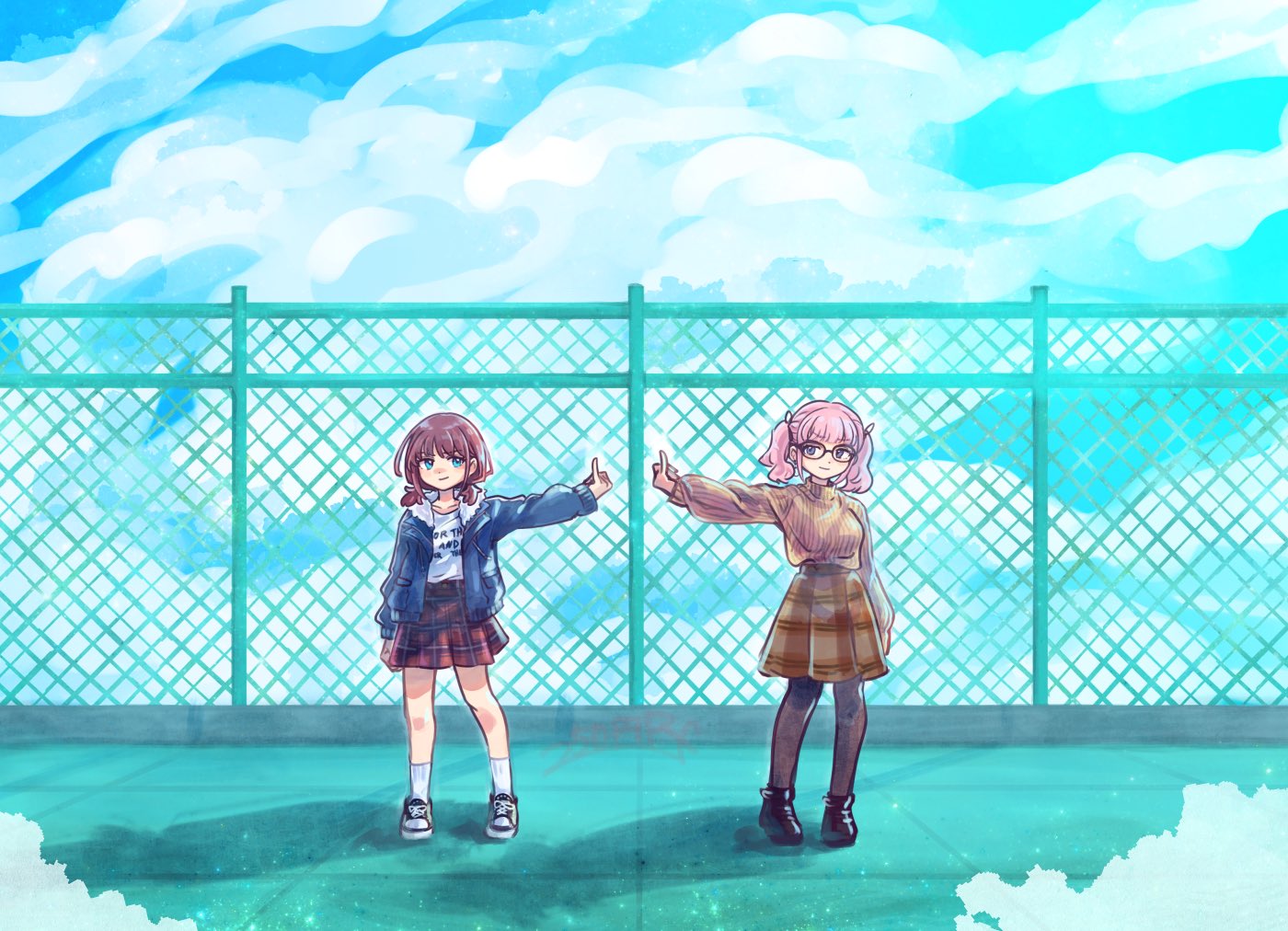 250en_remon, 2girls, black-framed_eyewear, black_footwear, black_pantyhose, blue_eyes, blue_jacket, brown_hair, brown_skirt, brown_sweater, chain-link_fence, closed_mouth, clouds, collarbone, commentary, fence, girls_band_cry, glasses, grey_eyes, hand_up, hina_(girls_band_cry), iseri_nina, jacket, long_sleeves, low_twintails, multiple_girls, open_clothes, open_jacket, pantyhose, pink_hair, pinky_out, plaid_clothes, plaid_skirt, red_skirt, shirt, short_hair, short_twintails, skirt, sky, socks, standing, sweater, twintails, white_shirt, white_socks