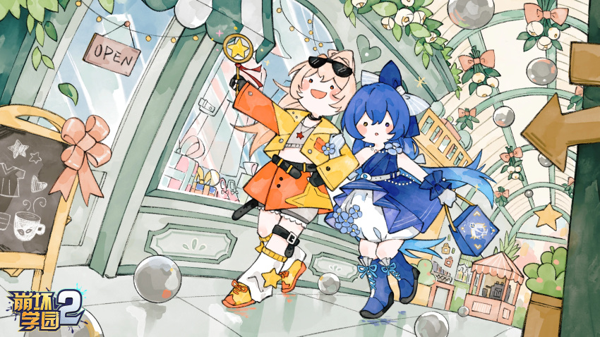 2girls, arkria_hroptr_(benghuai_xueyuan), bag, belt, benghuai_xueyuan, blonde_hair, blue_dress, blue_footwear