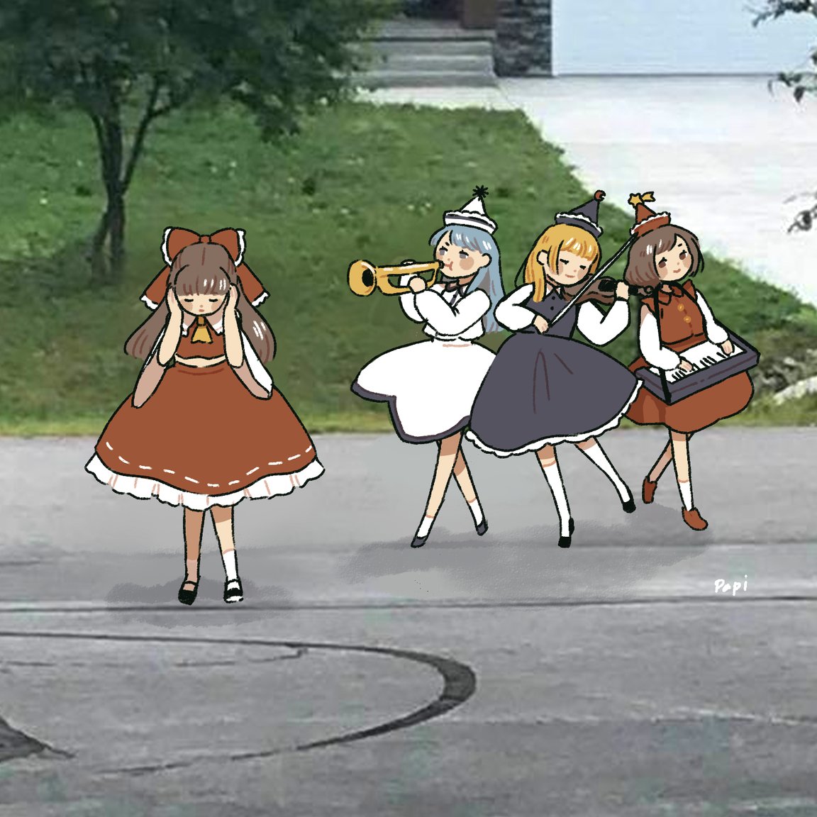 4girls, black_hat, black_shirt, black_skirt, blonde_hair, blue_hair, bow_(music), brown_hair