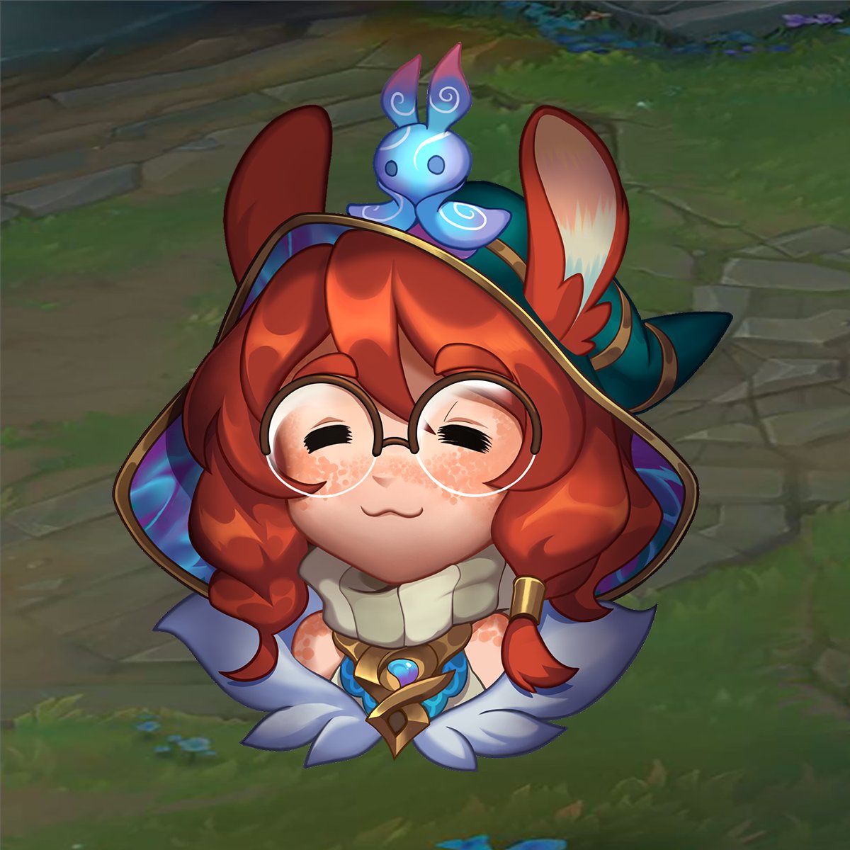 1girl, :3, =_=, animal_ears, aurora_(league_of_legends), bare_shoulders, cropped_shoulders, glasses