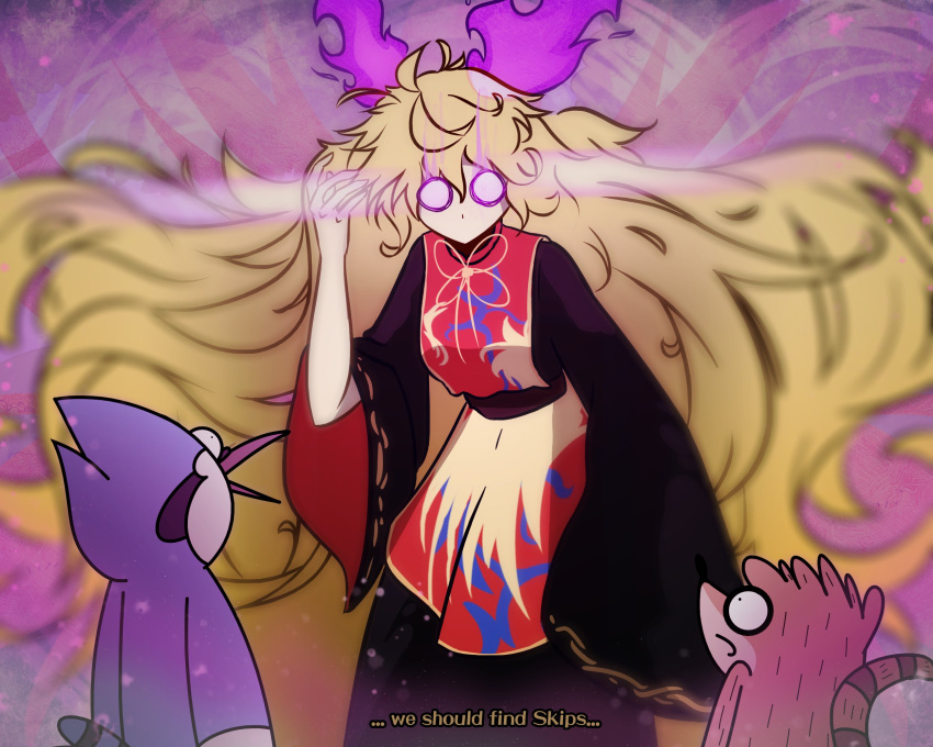 1girl, 2boys, bird_boy, black_dress, blonde_hair, commentary, crossover, dress