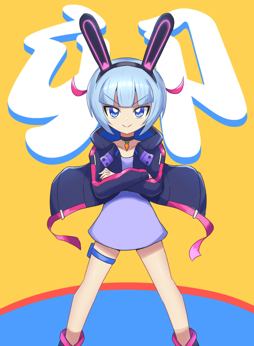 1girl, animal_ears, black_footwear, black_jacket, blue_eyes, blue_hair, choker, collarbone