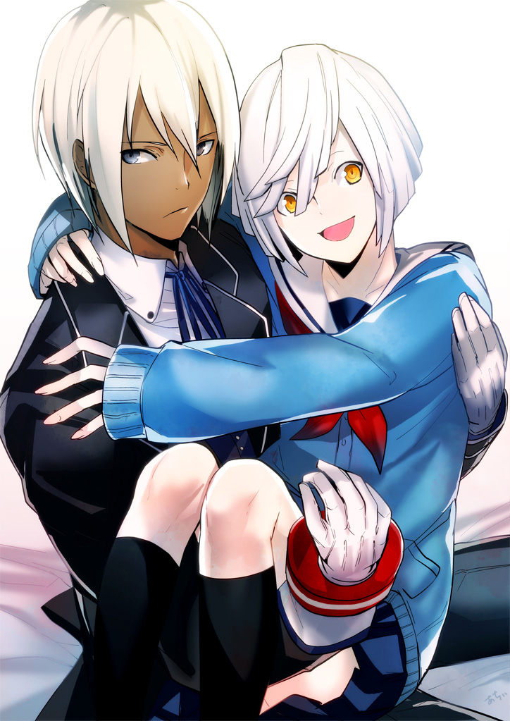 bob_cut, carrying, character_request, dark_skin, gloves, god_eater, god_eater_burst, maguchimo, open_mouth, princess_carry, school_uniform, serafuku, shikkuzaru_soma, shio_(god_eater), short_hair, smile, white_hair, yellow_eyes