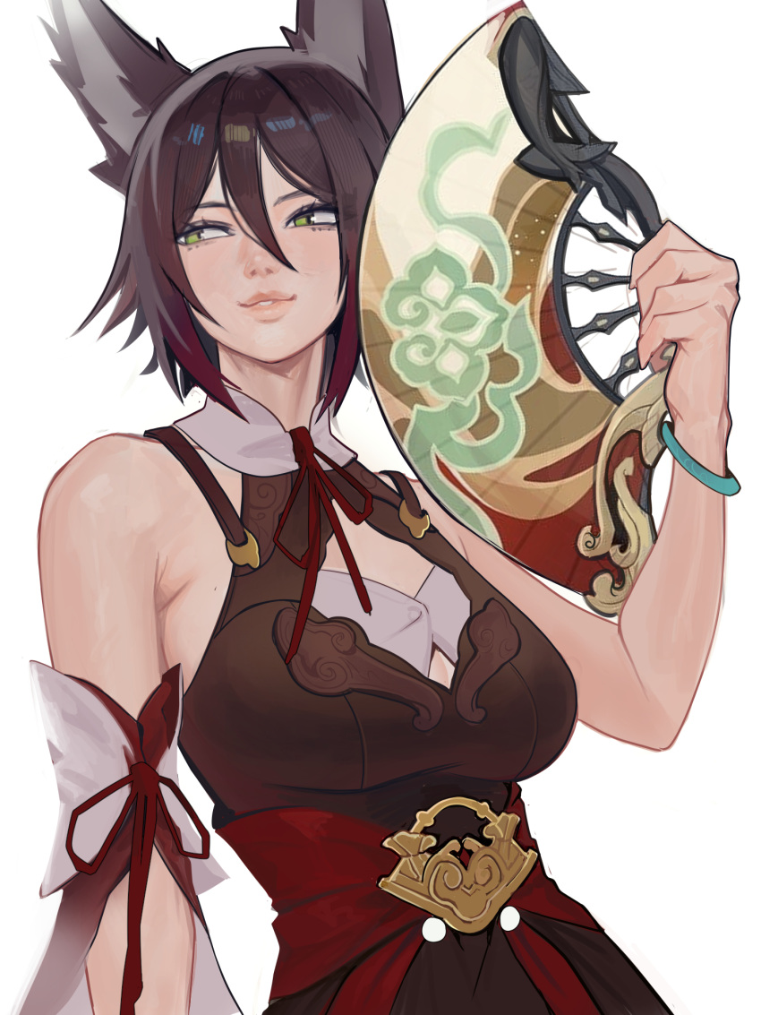 1girl, animal_ears, bracelet, brown_dress, brown_hair, detached_sleeves, distr, dress