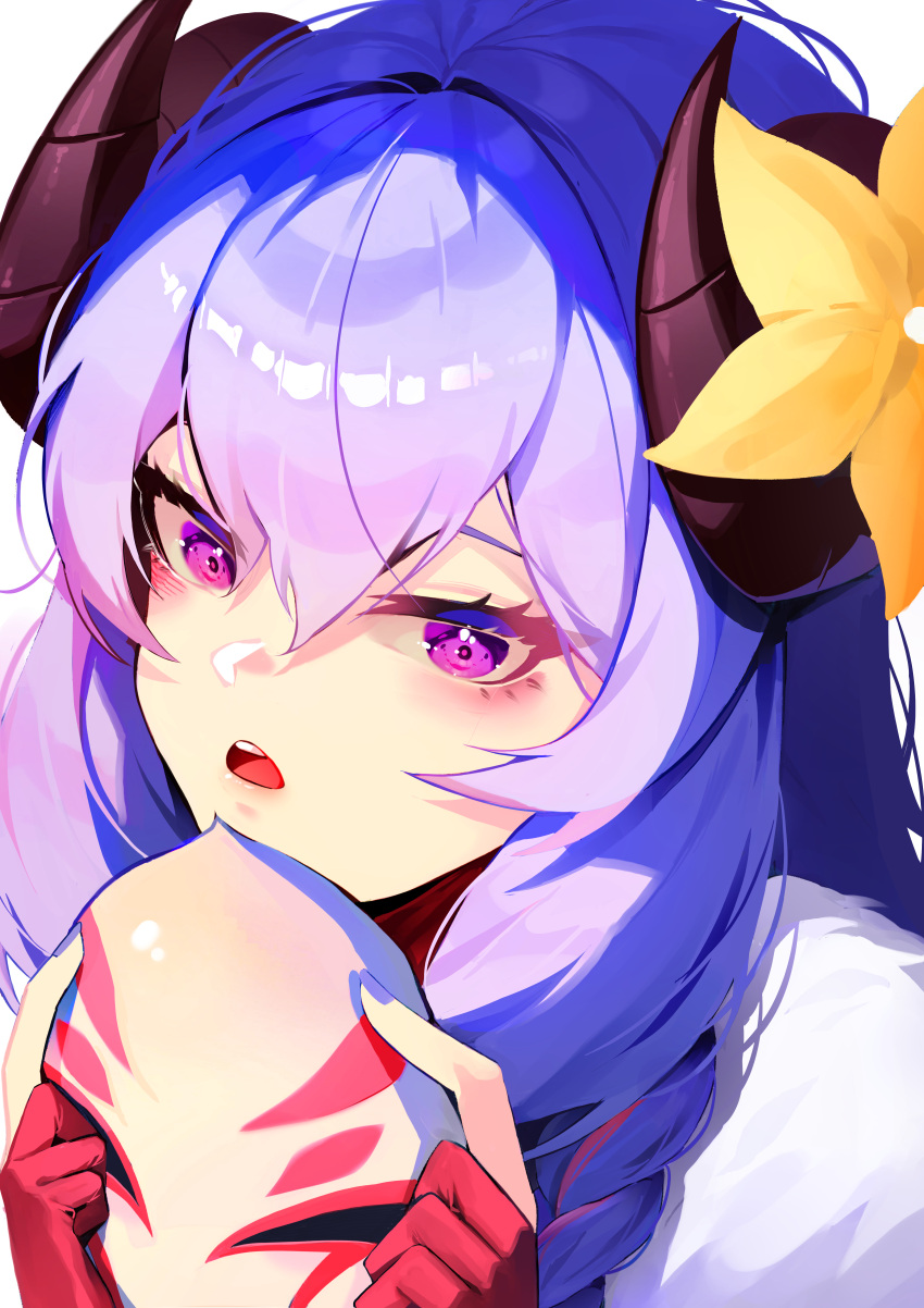1girl, absurdres, braid, curled_horns, diving_mask_removed, flower, hair_between_eyes, hair_flower