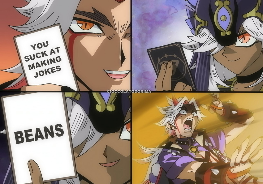2boys, arataki_itto, bracelet, card, cioccolatodorima, cyno_(genshin_impact), dark-skinned_male, dark_skin, earrings, genius_invokation_tcg, genshin_impact, gloves, hair_over_one_eye, hat, horns, japanese_clothes, jewelry, kaiba's_defeat_(meme), long_hair, meme, multicolored_hair, multiple_boys, open_mouth, orange_eyes, red_eyes, red_horns, sharp_teeth, smile, spiked_bracelet, spikes, streaked_hair, teeth, white_hair, yu-gi-oh!, yu-gi-oh!_duel_monsters