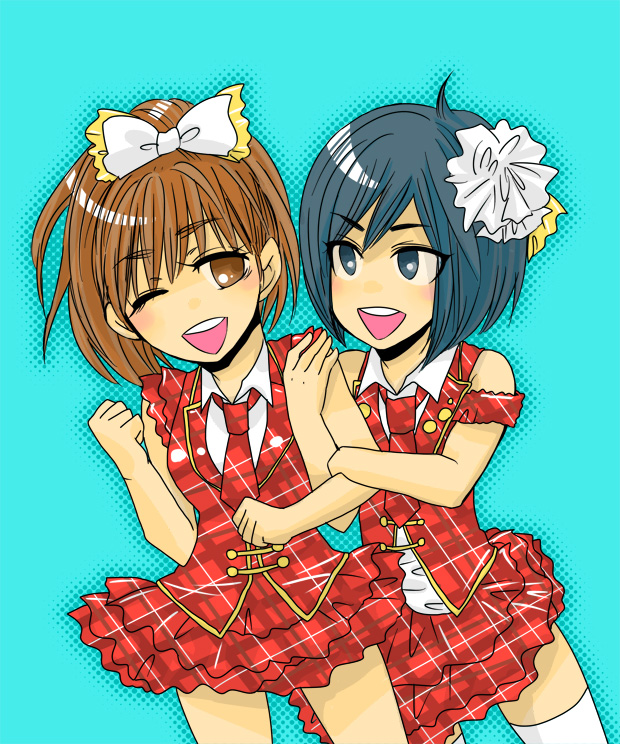 2girls, akb48, black_eyes, black_hair, blue_background, bow, brown_hair, collared_shirt