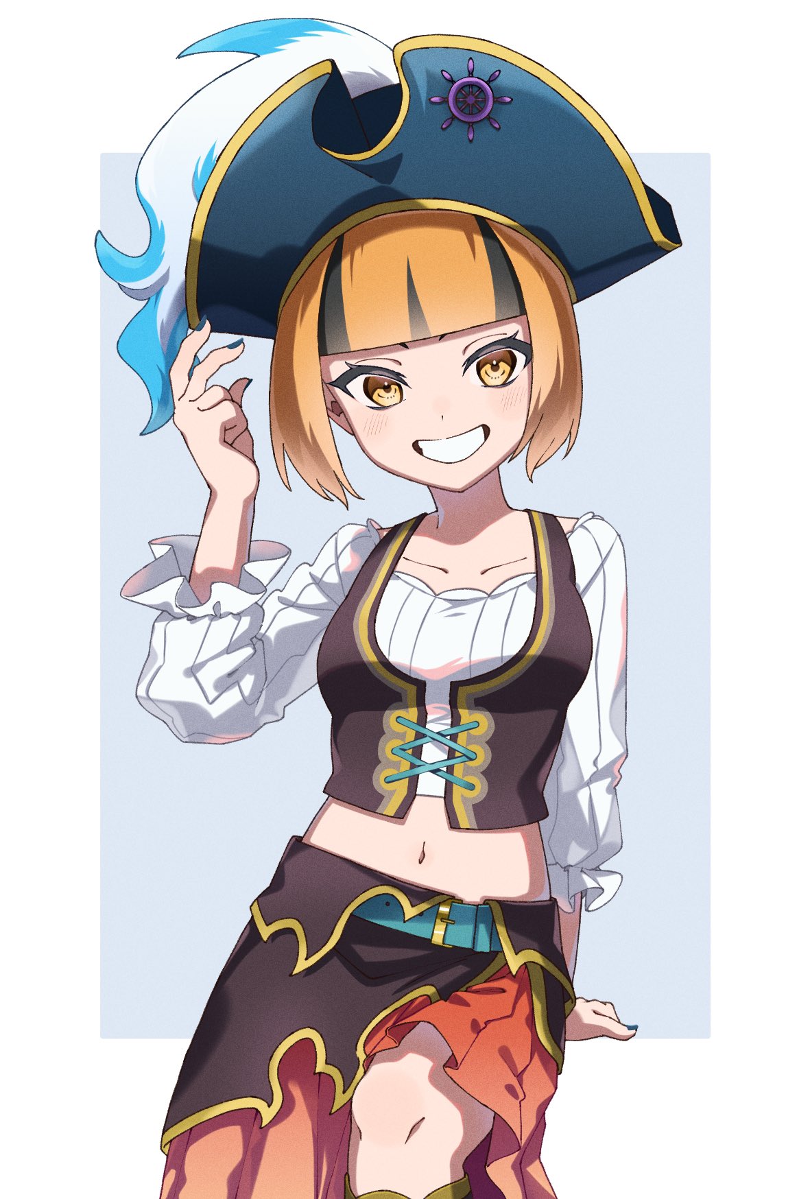 1girl, belt, black_hair, blunt_bangs, crop_top, gardenia_(pokemon), gardenia_(summer_2024)_(pokemon), green_nails, hat, highres, looking_at_viewer, midriff, multicolored_hair, navel, nisanrei121, official_alternate_costume, orange_eyes, orange_hair, pirate_costume, pirate_hat, pokemon, pokemon_masters_ex, short_hair, skirt, smile, solo, two-tone_hair