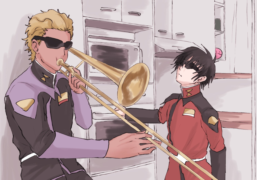 2boys, black_hair, black_uniform, blonde_hair, cabinet, dark-skinned_male, dark_skin, dearka_elsman