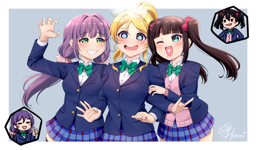 3girls, ;d, =_=, @_@, \m/, absurdres, alternate_bangs, alternate_hair_length