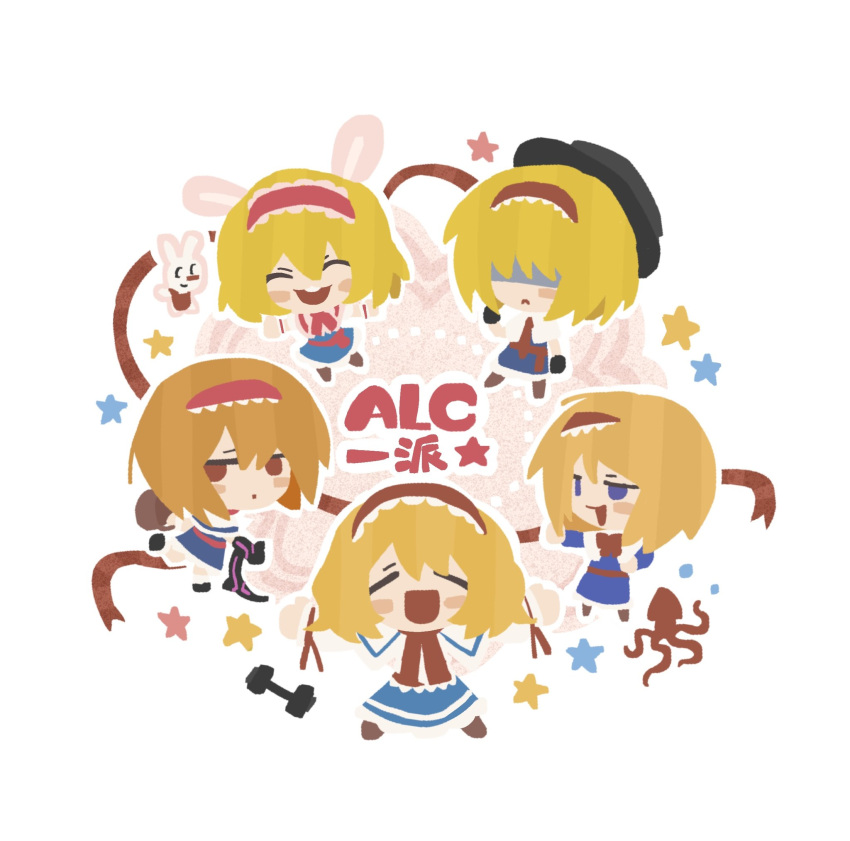5girls, :<, :d, alice_margatroid, black_hat, blonde_hair, blue_dress, blue_eyes, bois_de_justice, bow, bowtie, capelet, chibi, closed_eyes, closed_mouth, cookie_(touhou), dies_irae, dress, dumbbell, fluffy_fluffy_rabbit-chan, frilled_hairband, frills, frown, full_body, hair_between_eyes, hair_over_eyes, hairband, hat, highres, hinase_(cookie), ichigo_(cookie), jigen_(cookie), kaiten_gunshuu_no_kage, long_bangs, looking_at_viewer, medium_bangs, multiple_girls, necktie, open_mouth, pink_hairband, red_bow, red_bowtie, red_hairband, red_necktie, red_sash, round_teeth, sakuranbou_(cookie), sash, shinza_bansho_series, short_hair, smile, squid, stuffed_animal, stuffed_rabbit, stuffed_toy, taisa_(cookie), teeth, touhou, white_background, white_capelet