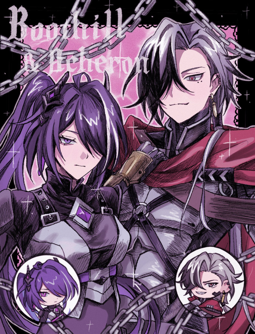 1boy, 1girl, acheron_(ambush)_(honkai:_star_rail), acheron_(honkai:_star_rail), armor, black_eyes, black_hair, black_shrug, boothill_(honkai:_star_rail), breasts, bullet_earrings, chain, character_name, closed_mouth, commentary_request, hair_ornament, hair_over_one_eye, highres, honkai:_star_rail, honkai_(series), large_breasts, looking_at_viewer, mechanical_hands, mole, mole_under_eye, multicolored_hair, multiple_moles, official_alternate_costume, official_alternate_hairstyle, ponytail, purple_hair, red_pupils, red_scarf, scarf, streaked_hair, two-tone_hair, upper_body, violet_eyes, white_hair, xi7l7xd9ha37528