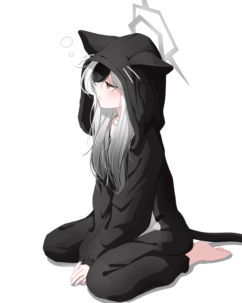 1girl, absurdres, animal_ears, barefoot, black_hair, black_pajamas, blue_archive, blush