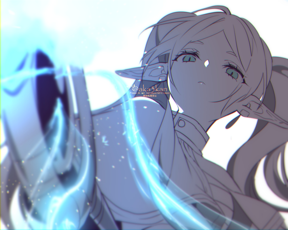 1girl, aka_mikan, artist_name, capelet, elf, expressionless, frieren, green_eyes