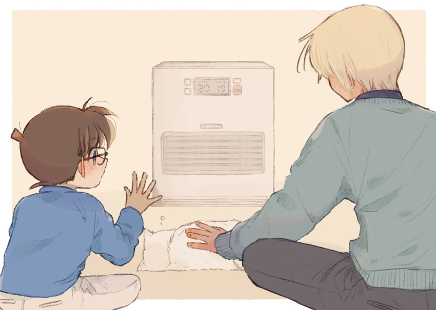 2boys, amuro_tooru, black_pants, blue_jacket, blue_sweater, border, brown_hair, edogawa_conan