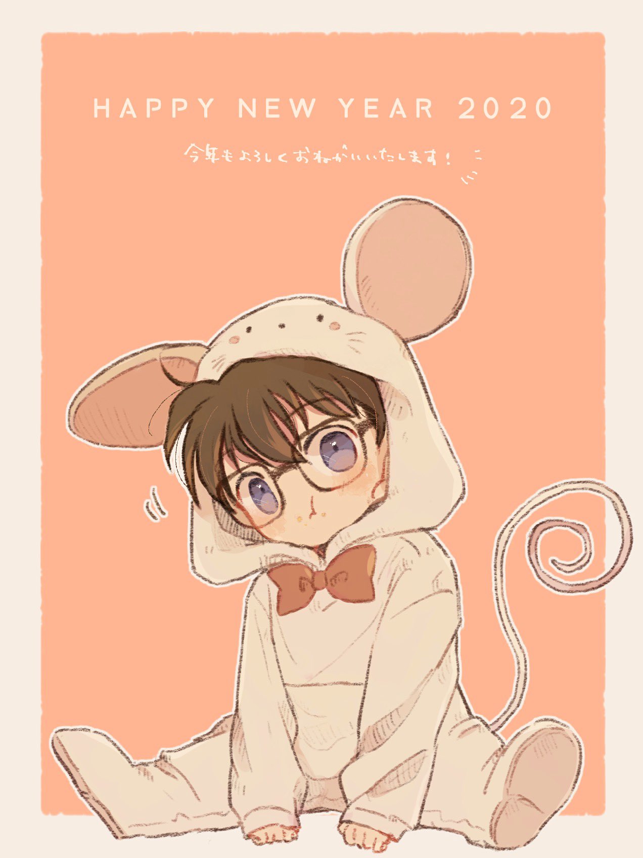 1boy, 2020, animal_costume, bow, bowtie, brown_hair, chinese_zodiac, edogawa_conan
