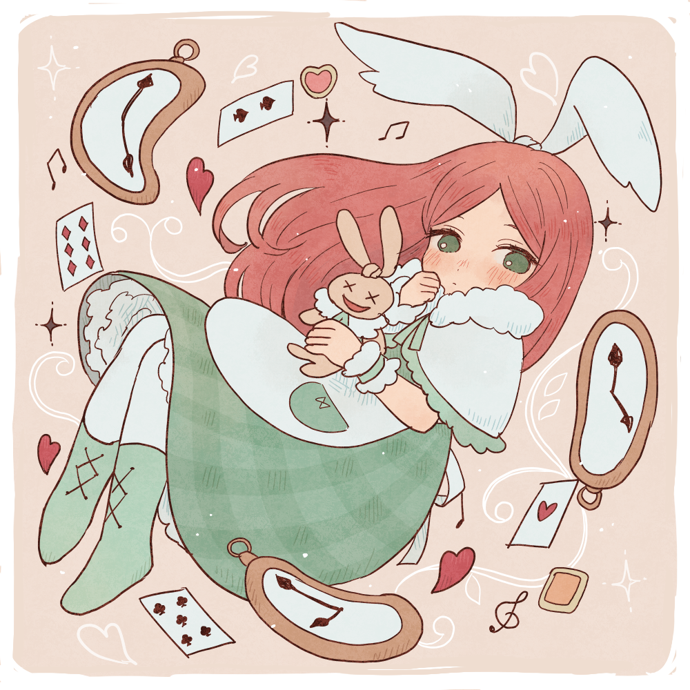 1girl, ace_(playing_card), ace_of_hearts, alicia_(pop'n_music), blush, card, clock, dress