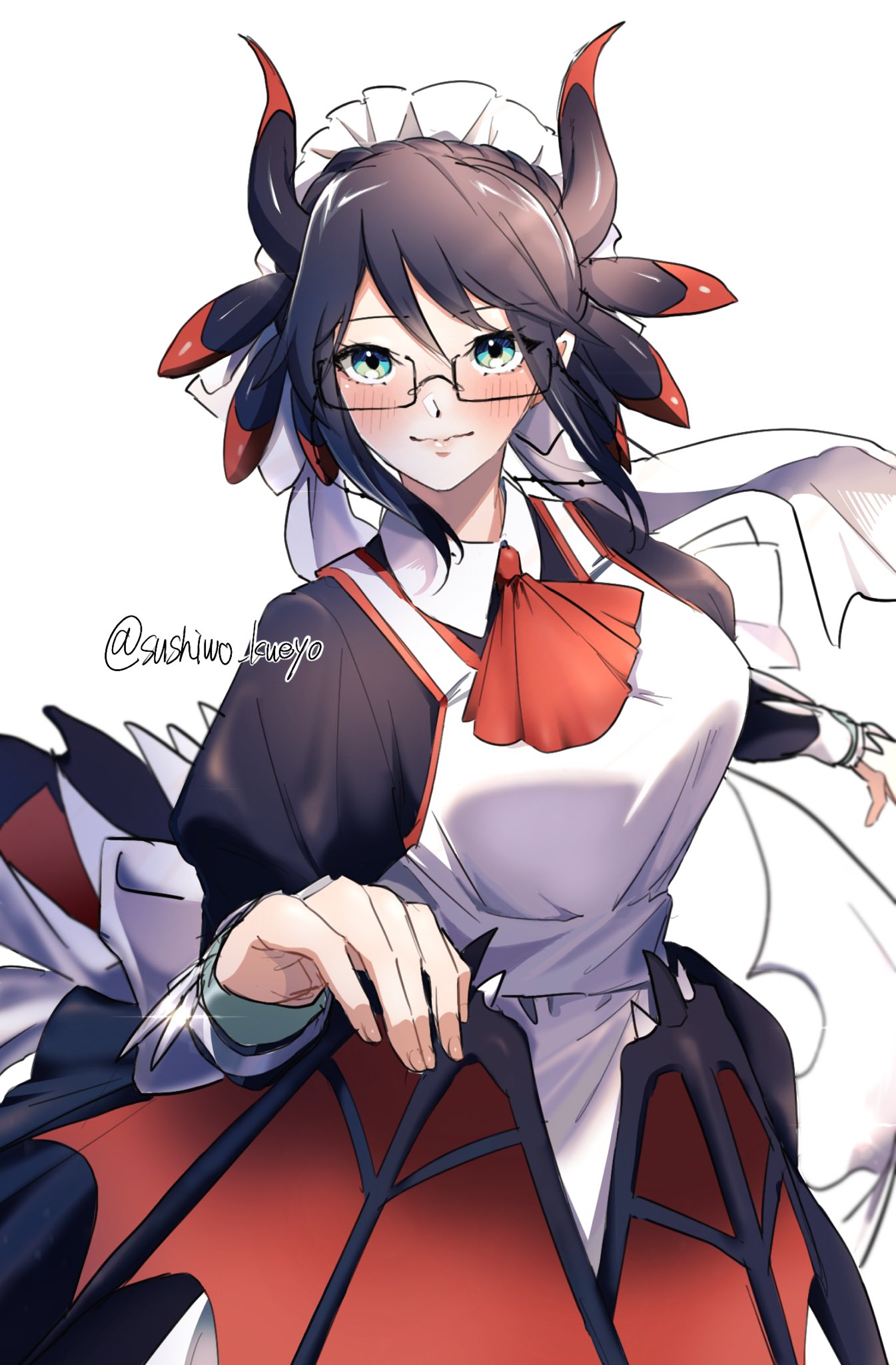 1girl, apron, black_dress, black_hair, blue_eyes, blush, breasts, cowboy_shot