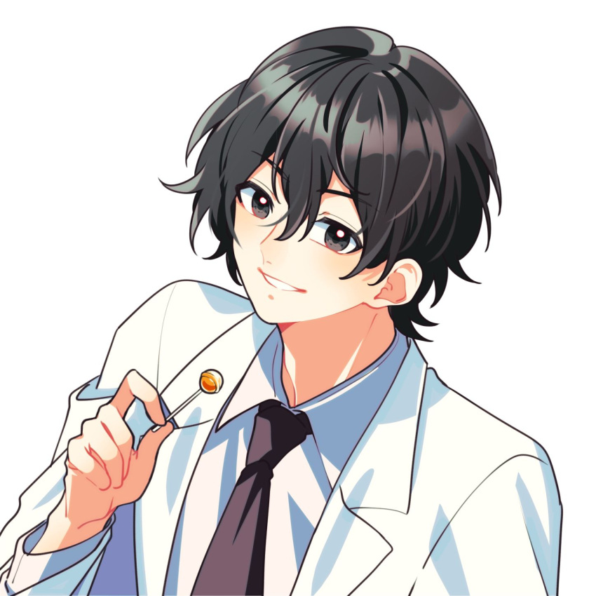 1boy, akechi_saku, black_eyes, black_hair, black_necktie, candy, collared_shirt, commentary_request, food, hair_between_eyes, highres, holding, holding_candy, holding_food, holding_lollipop, kokuhaku_jikkou_iinkai, lab_coat, lapels, lollipop, long_sleeves, looking_at_viewer, necktie, notched_lapels, open_clothes, open_mouth, shirt, short_hair, simple_background, smile, solo, sophia_pie_12, upper_body, white_background, white_shirt