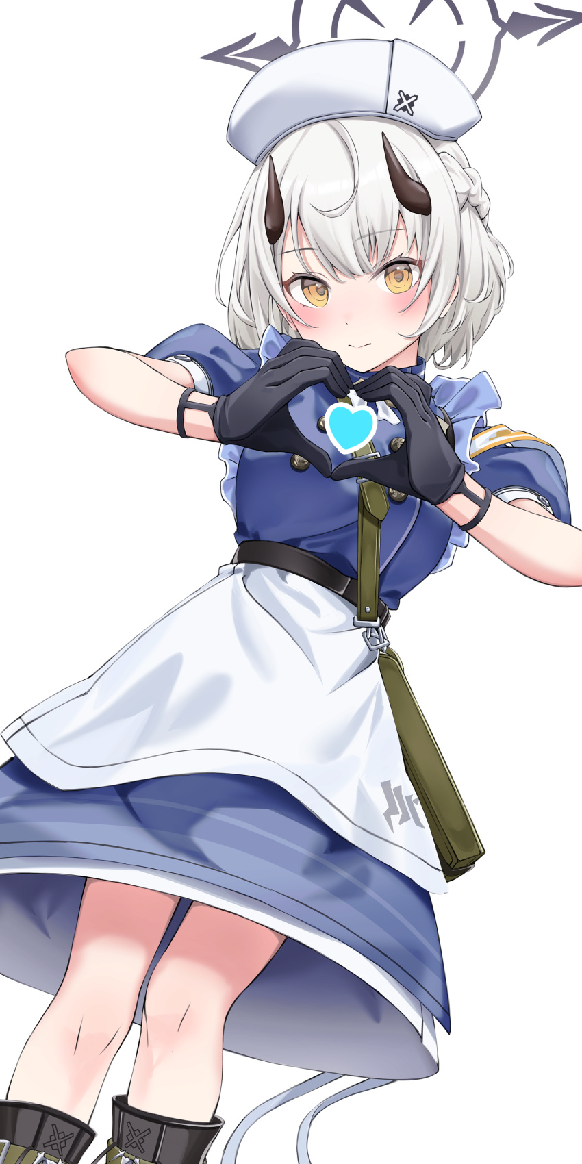 1girl, absurdres, apron, black_footwear, black_gloves, black_horns, blue_archive, blue_dress