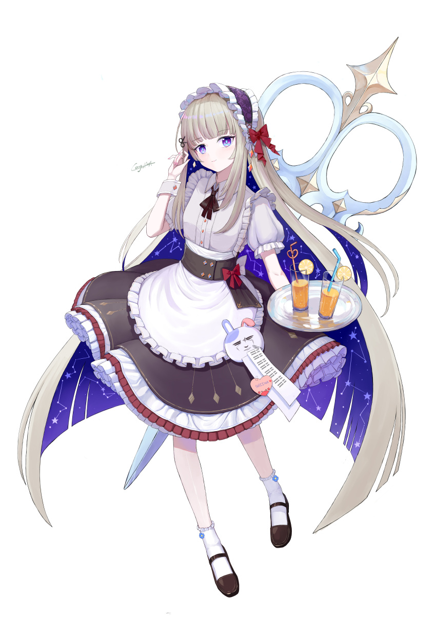 1girl, absurdres, alternate_costume, amanogawa_shiina, apron, black_bow, blonde_hair, blunt_bangs