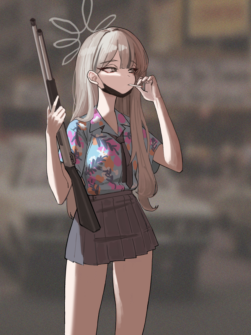 1girl, absurdres, black_mask, black_skirt, blue_archive, blue_shirt, breasts, cigarette