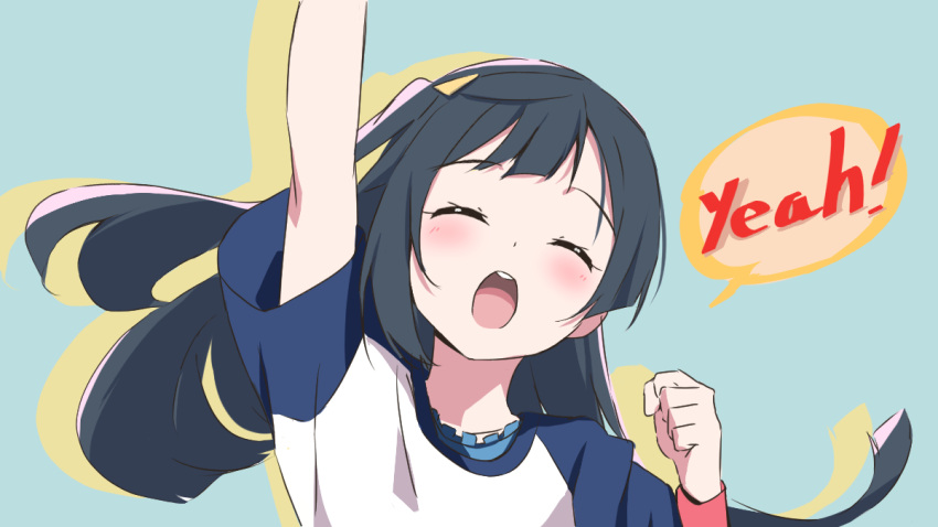 1girl, ^_^, adrenaline!!!, arm_up, black_hair, blue_background, blue_sleeves, blush