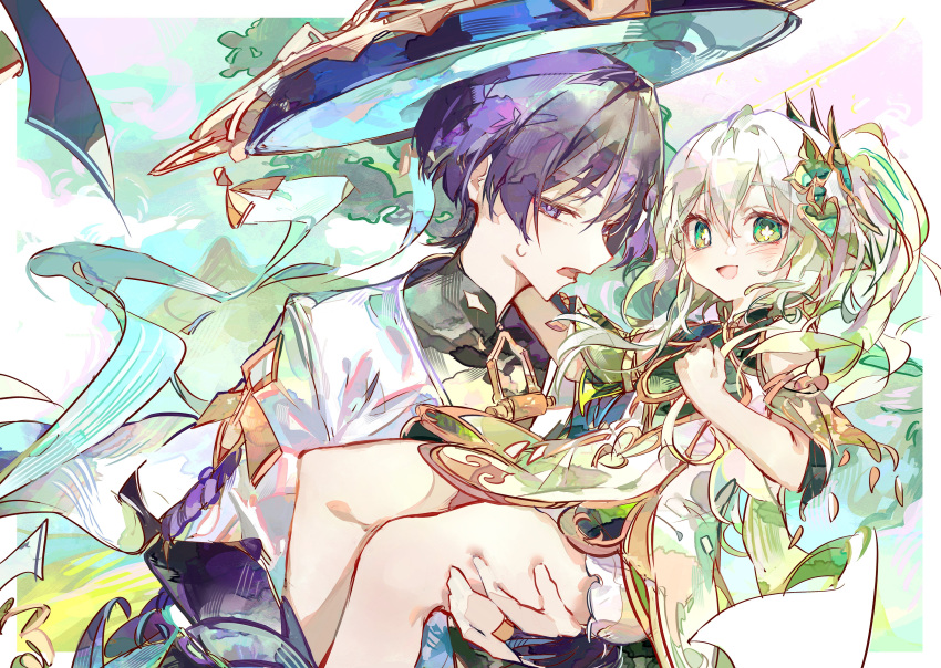 1boy, 1girl, absurdres, arm_armor, arm_on_another's_shoulder, armor, belt, bloomers, blunt_ends, cape, carrying, clenched_hand, cocoballking, cross-shaped_pupils, dress, eyeliner, eyeshadow, genshin_impact, grabbing_another's_thighs, gradient_hair, green_cape, green_eyes, green_hair, green_sleeves, hair_ornament, hat, highres, japanese_armor, jingasa, kote, kurokote, leaf_hair_ornament, looking_at_viewer, makeup, mandarin_collar, multicolored_hair, nahida_(genshin_impact), open_clothes, open_mouth, open_vest, pointy_ears, princess_carry, purple_belt, purple_hair, red_eyeliner, red_eyeshadow, scaramouche_(genshin_impact), side_ponytail, skindentation, sky, sweatdrop, symbol-shaped_pupils, thighs, tilted_headwear, tree, two-tone_vest, vest, violet_eyes, vision_(genshin_impact), wanderer_(genshin_impact), white_bloomers, white_dress, white_hair, white_vest