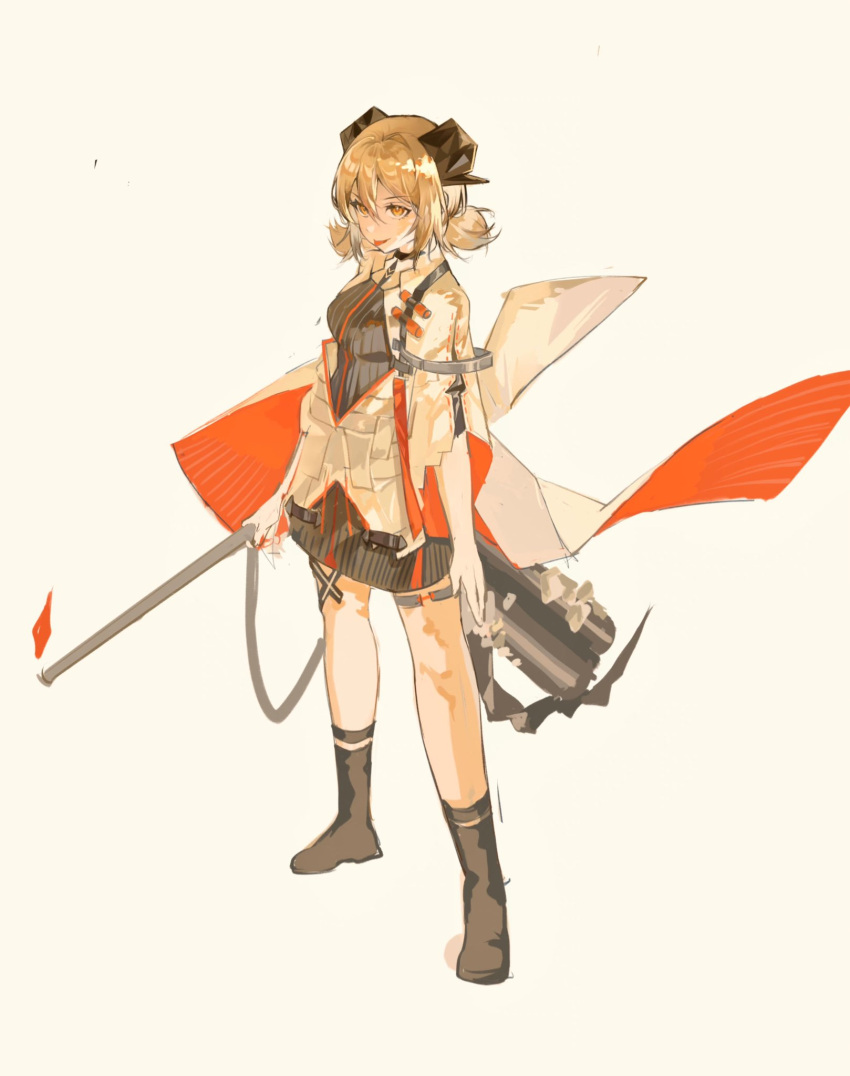 1girl, arknights, blonde_hair, boots, full_body, highres, holding, holding_weapon, horns, ifrit_(arknights), lin_qing_(phosphorus_1104), short_hair, simple_background, solo, standing, tongue, tongue_out, twintails, weapon, yellow_eyes