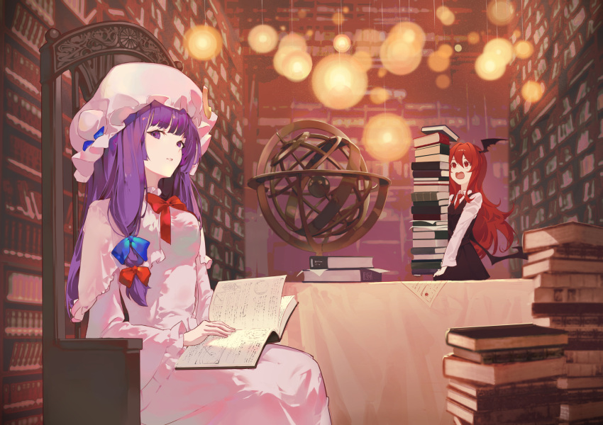 2girls, black_skirt, black_vest, black_wings, book, bookshelf, chair, collared_shirt