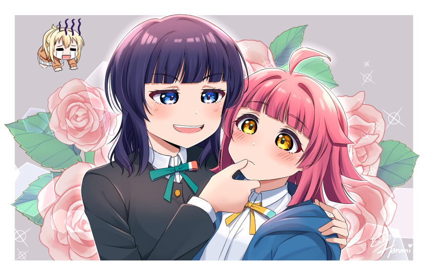 3girls, :d, absurdres, ahoge, all_fours, artist_name, asaka_karin, black_jacket, blazer, blonde_hair, blue_eyes, blue_hair, blue_jacket, blunt_bangs, blunt_ends, blush, border, brown_cardigan, buttons, cardigan, chibi, closed_mouth, collared_shirt, commentary_request, crying, dark_blue_hair, despair, dress_shirt, floral_background, green_ribbon, grey_background, hand_on_another's_chin, highres, hood, hooded_jacket, jacket, kubota_miyu, light_frown, long_sleeves, love_live!, love_live!_nijigasaki_high_school_idol_club, medium_hair, miyashita_ai, multiple_girls, murakami_natsumi_(voice_actor), neck_ribbon, nijigasaki_school_uniform, open_clothes, open_jacket, open_mouth, pink_hair, real_life, ribbon, school_uniform, shirt, short_ponytail, sidelocks, signature, ska.harumi, smile, sparkle, split_mouth, streaming_tears, tanaka_chiemi, tears, teeth, tennoji_rina, upper_body, upper_teeth_only, v-shaped_eyebrows, voice_actor_connection, white_border, white_shirt, winter_uniform, yellow_eyes, yellow_ribbon, yuri