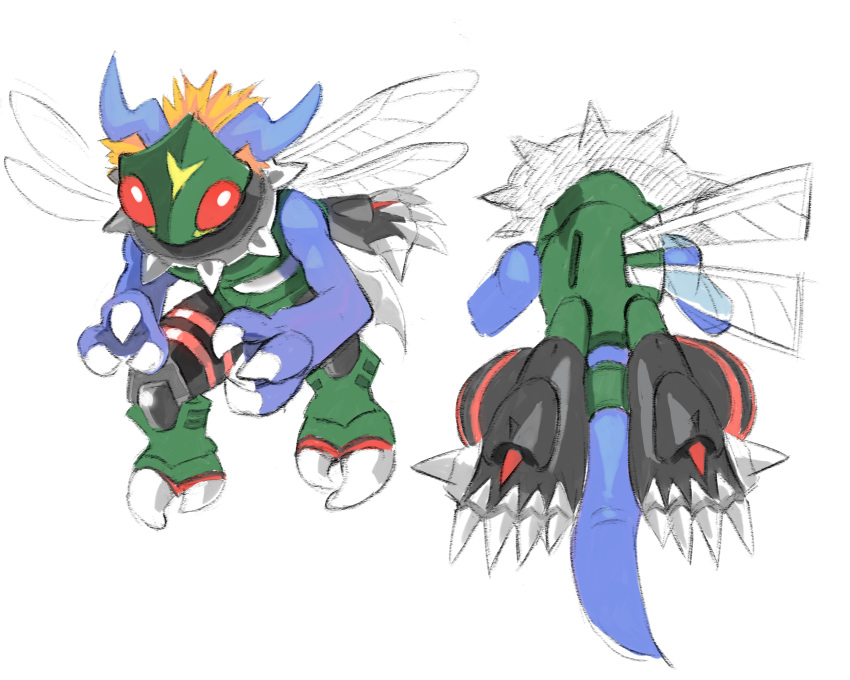 armor, blue_horns, blue_skin, bug, carapace, chibi, claws, collar