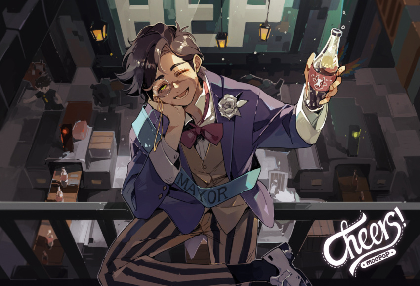 2boys, bow, bowtie, brown_hair, goodtimeswithscar, hermitcraft, impulsesv, lantern, looking_at_viewer, luminous_slime, male_focus, minecraft, minecraft_youtube, monocle, multiple_boys, official_alternate_costume, one_eye_closed, ravager_(minecraft), sash, scar, smile, soda, solo_focus