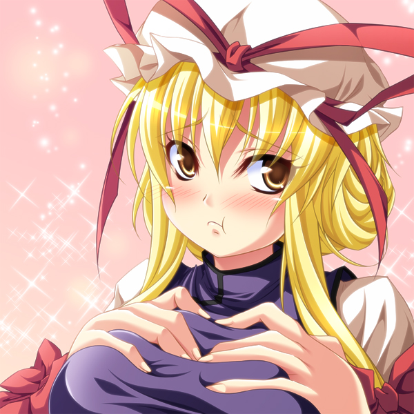:t, blonde_hair, blush, bow, breast_squeeze, breasts, chozuru, dress