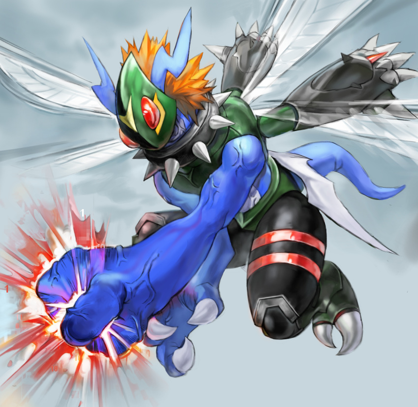 armor, bat_wings, black_carapace, blue_horns, breastplate, carapace, claws, collar