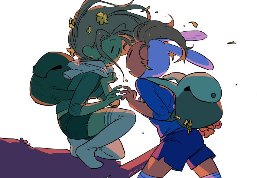 adventure_time, animal_ears, backpack, bag, blonde_hair, blue_shirt, blue_shorts, character_request, dated, fake_animal_ears, fionna_campbell, flower, hair_flower, hair_ornament, hat, highres, holding, holding_sword, holding_weapon, long_hair, looking_at_another, no_nose, open_mouth, rabbit_ears, ruki32_32, shirt, shorts, signature, sword, thigh-highs, weapon, white_hat, white_thighhighs