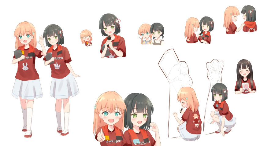 3girls, absurdres, aqua_eyes, black_hair, blunt_bangs, blunt_ends, blush, cardboard_cutout