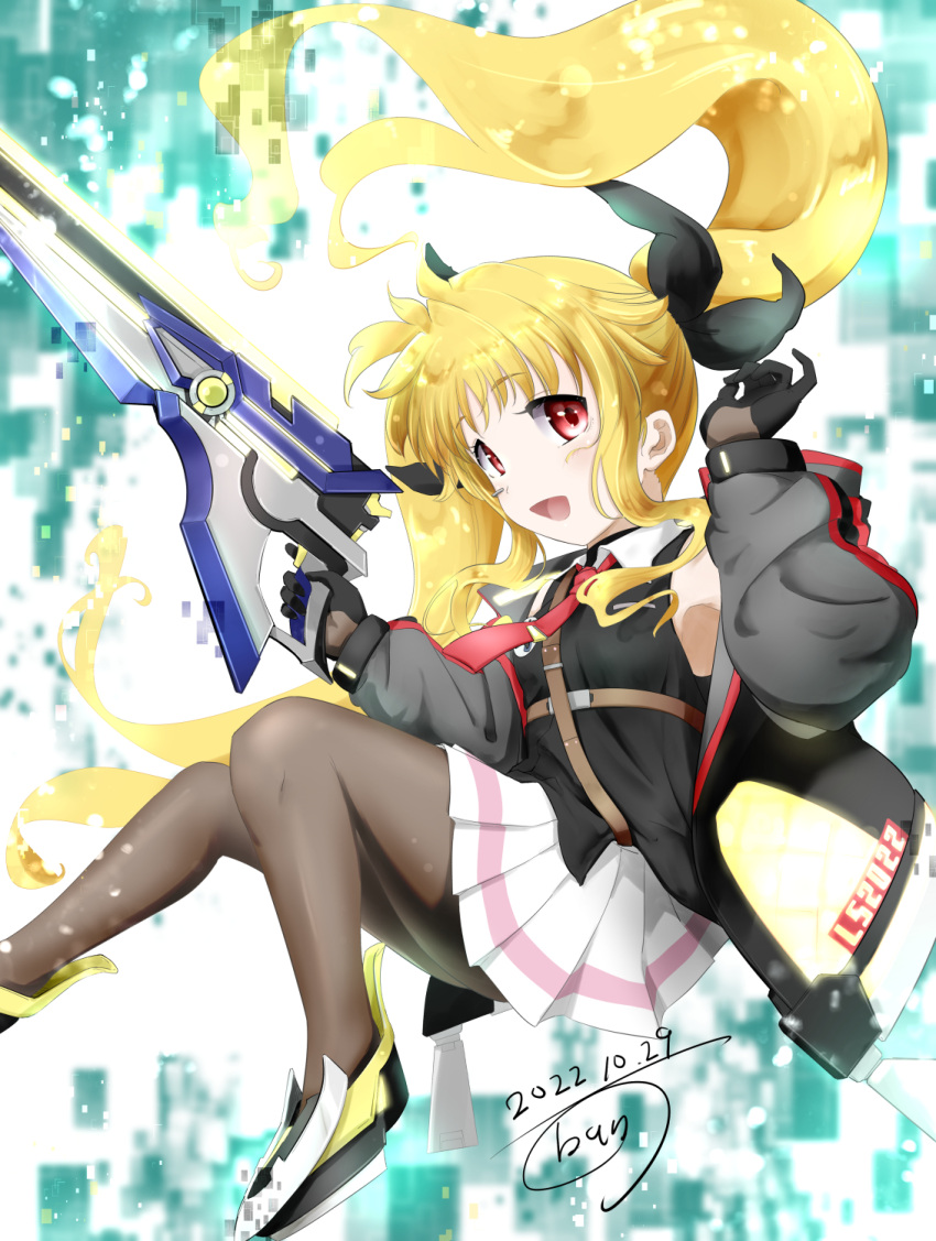 1girl, alternate_weapon, ban_(777purin), bardiche_(nanoha), between_breasts, black_gloves, black_shirt, blonde_hair