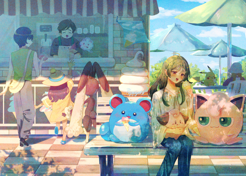 2boys, 3girls, :d, arm_up, bag, bench, blue_footwear, cleffa